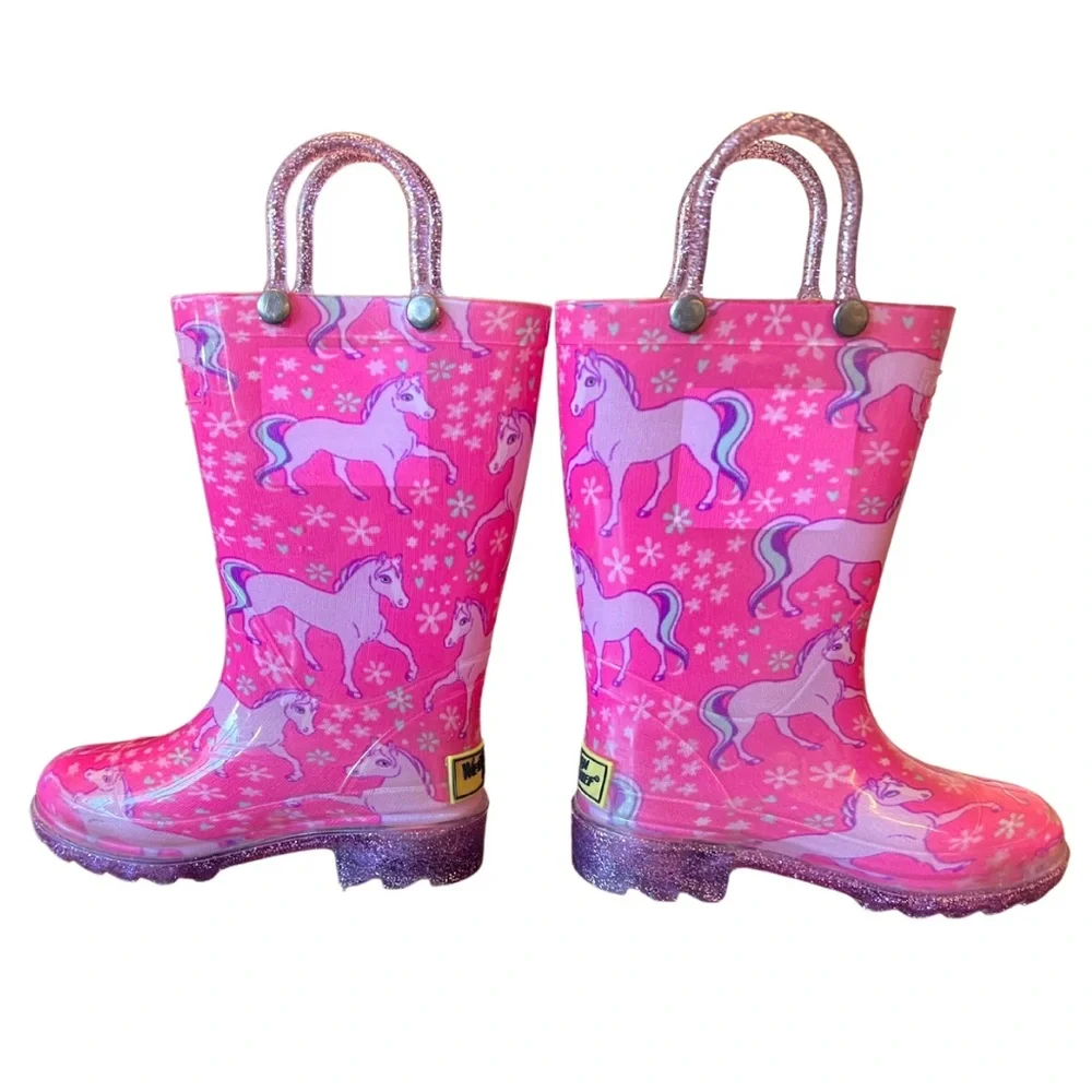 EUC Western Chief Toddler Girl Light Up Pink Unicorn Rain Boots